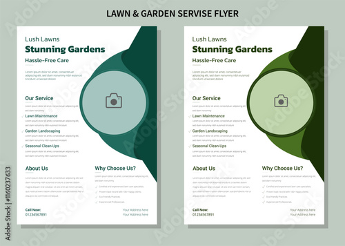 Flyer design template for lawn and gardening services. Design of a poster leaflet for gardening and tree services. Template for lawn mower flyers A relaxing watercolor depiction of a circular garden w