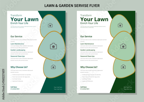 Flyer design template for lawn and gardening services. Design of a poster leaflet for gardening and tree services. Template for lawn mower flyers A relaxing watercolor depiction of a circular garden w