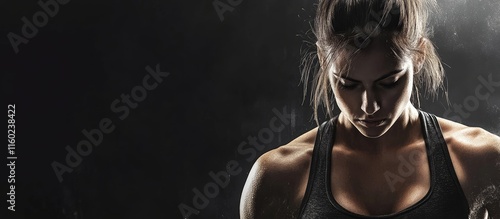 Focused woman weightlifting in gym with dramatic lighting and empty space for motivational text or fitness promotion photo