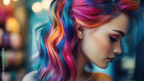 Vibrant hair design by a skilled hairdresser showcasing a colorful hairstyle with artistic flair and professional technique photo