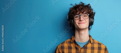 Young man with curly hair wearing headphones and glasses smiling against a blue background with room for text or graphics.
