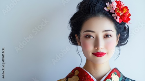 Elegant Geisha Portrait Embellished with Cherry Blossom Floral Accents and Traditional Kimono Details photo