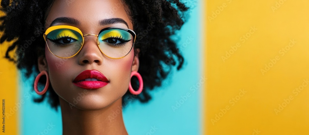 Fototapeta premium Vibrant makeup on stylish woman with colorful background and space for custom text or branding elements
