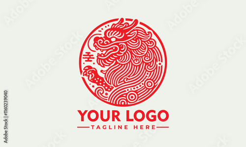 Red ornate lion head design in circular frame vector suitable for logos, tshirts, tattoos, and decorative artwork with a regal touch. photo