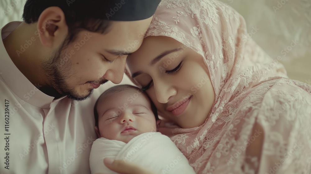 Muslim couple joyfully embracing their newborn baby in a loving and intimate family moment at home Muslim couple joyfully embracing their newborn baby in a loving and intimate family moment at home