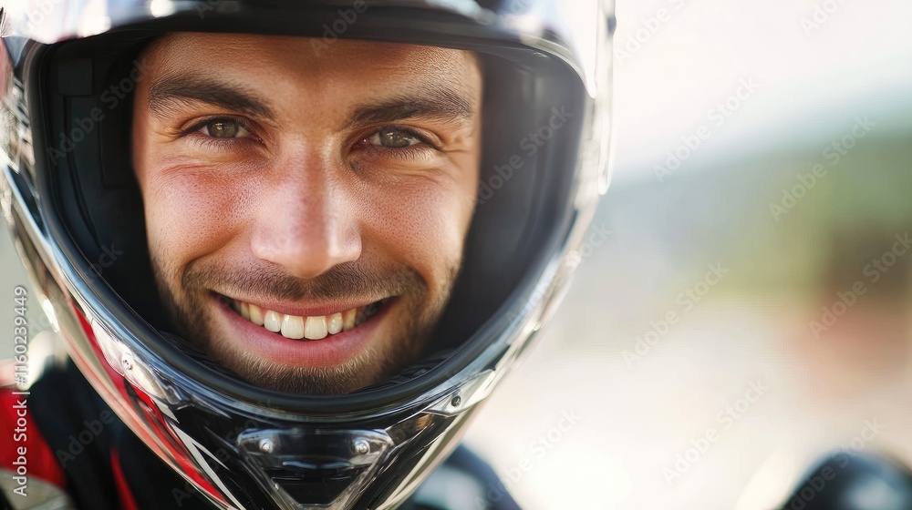 Smiling motorbike racer in helmet showcasing enthusiasm and adventure in motorsport lifestyle portrait photography Smiling motorbike racer in helmet showcasing enthusiasm and adventure in motorsport lifestyle portrait photography