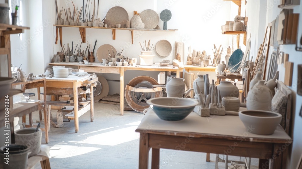 A tranquil pottery studio with a variety of clay and tools, Pottery wheels and sculpting tools arranged around workstations, Artistic workshop style A tranquil pottery studio with a variety of clay and tools, Pottery wheels and sculpting tools arranged around workstations, Artistic workshop style