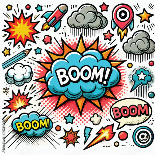 Cartoon comic sign burst cloud. Speech bubble, boom sign expression and   on a white background