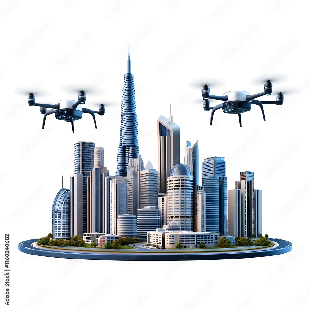 Naklejka premium Modern City with Skyscrapers and Drones in Bright Blue Sky