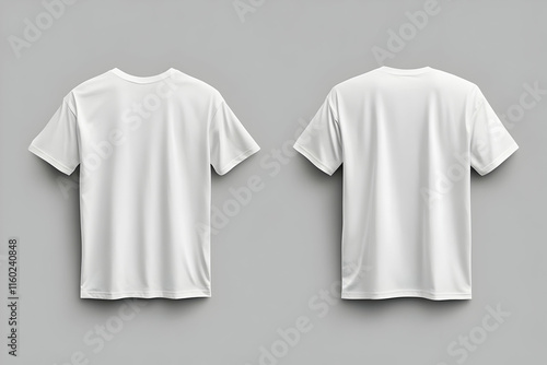 White T-shirt template isolated on a gray background with front and back views. Mockup suitable for design purposes or presentations. photo