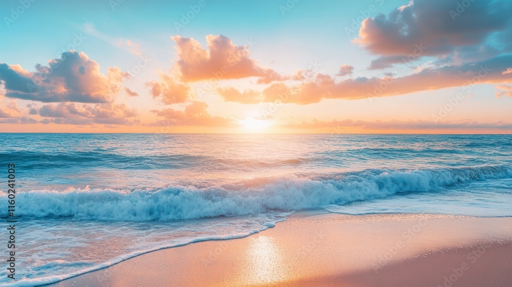 Serene Sunset on Tropical Beach: Tranquil Ocean Waves at Golden Hour Serene Sunset on Tropical Beach: Tranquil Ocean Waves at Golden Hour