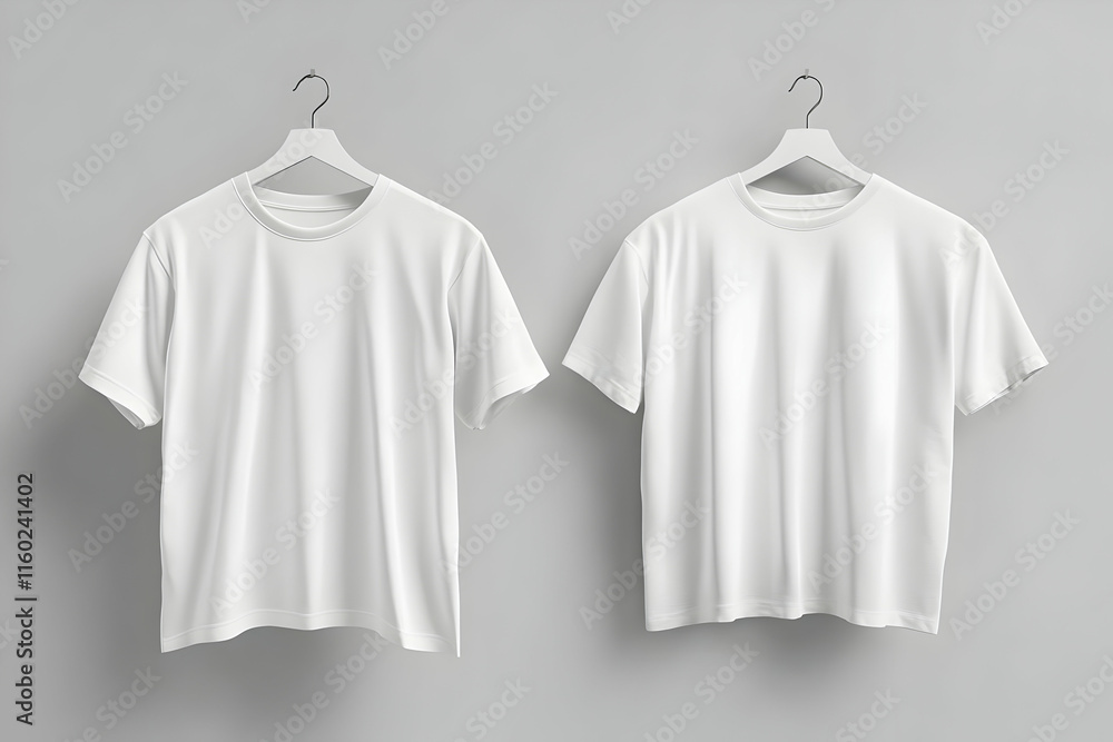 A realistic 3D-rendered white t-shirt template on a hanger, with front and back views isolated on a gray background, ideal for showcasing design concepts or fashion ads. A realistic 3D-rendered white t-shirt template on a hanger, with front and back views isolated on a gray background, ideal for showcasing design concepts or fashion ads.