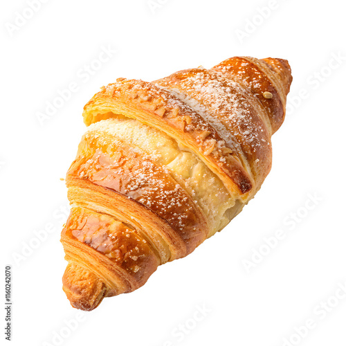 Golden brown, flaky croissant pastry isolated on white background, perfect for breakfast or a delicious snack, Transparent background PNG. photo