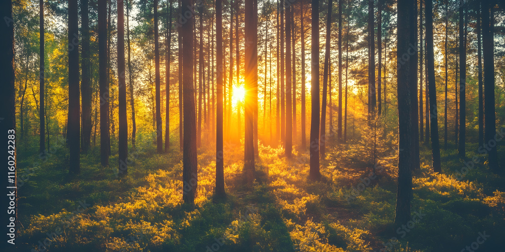 Fototapeta premium Sunset Through Tall Forest Trees with Golden Light and Shadows in Nature : Generative AI