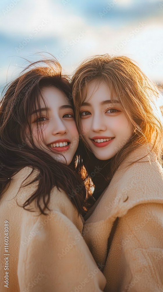 Fototapeta premium In winter, two young women wearing windbreakers embrace each other