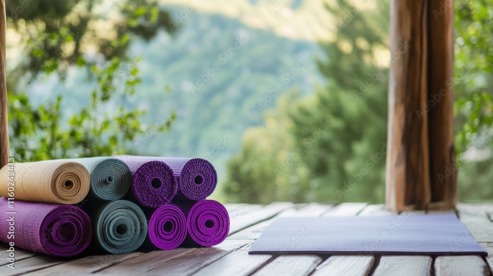 A tranquil yoga retreat with yoga mats and meditation cushions, Mindful yoga practice style, photo of A tranquil yoga retreat with yoga mats and meditation cushions, Mindful yoga practice style, photo of