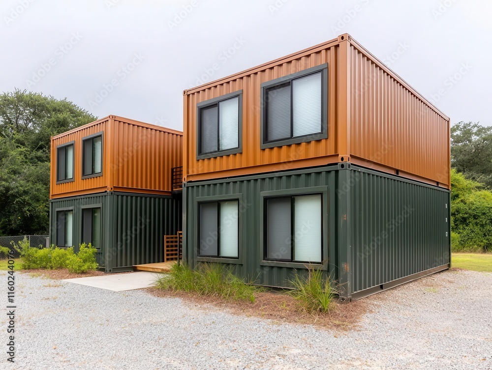 A container residence built with recycled materials, blending seamlessly into the environment A container residence built with recycled materials, blending seamlessly into the environment