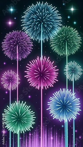 Crafting a multihued fireworks sequence with aqua blue green pink and purple for a magical atmosphere photo