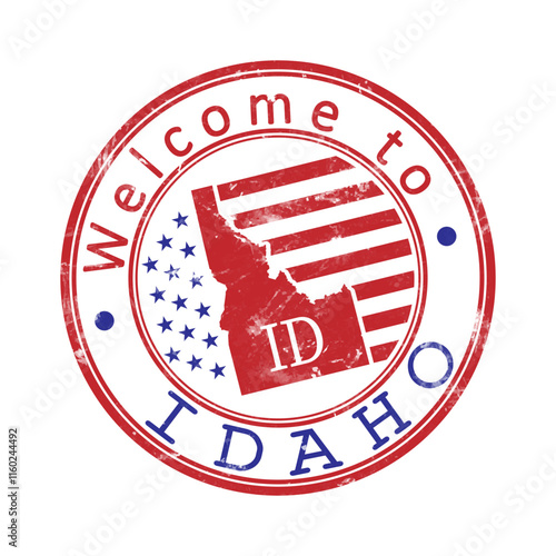 Welcome to Idaho. A worn stamp with a silhouette of the state and an abbreviated designation. Print impression, a template for creative design