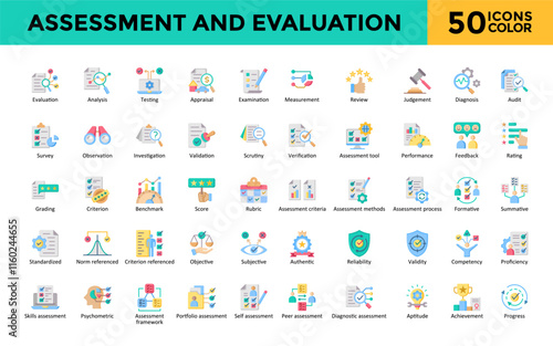 Assessment and Evaluation icon set with evaluation, analysis, testing, appraisal, examination, measurement, review, judgement, diagnosis, audit. Simple flat color vector 

