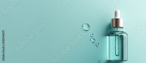 Serum dropper bottle with pipette on a turquoise background featuring water droplets and empty space for branding or text. photo