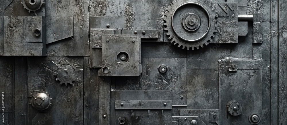 Industrial Machine Mold Background with Gears and Panels in Shades of Grey for Advanced Techniques and Text Space Industrial Machine Mold Background with Gears and Panels in Shades of Grey for Advanced Techniques and Text Space