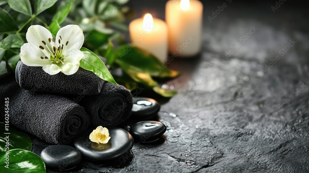 Serene Spa Environment with Candles Stones and Towels for Relaxation and Wellness Therapy Serene Spa Environment with Candles Stones and Towels for Relaxation and Wellness Therapy