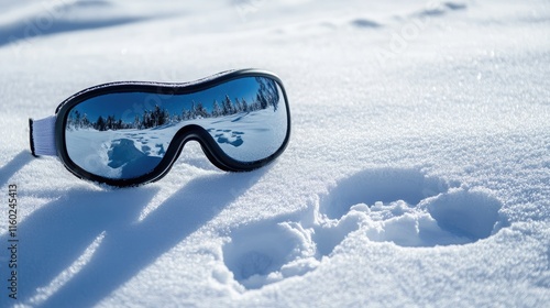 Ski goggles resting on pristine snow next to fresh wolf tracks in a winter landscape