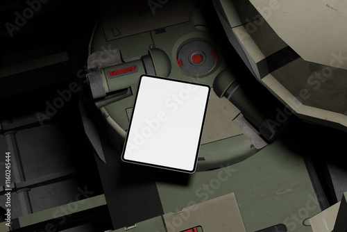 Industrial Tablet Mockup with Mechanical and Military Equipment Elements photo