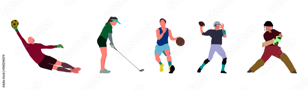 Fototapeta premium Popular sports collection illustration set. football, golf, basketball, rugby, cricket. ideal for posters, merchandise, sports app design, to social media decoration or promotional content.