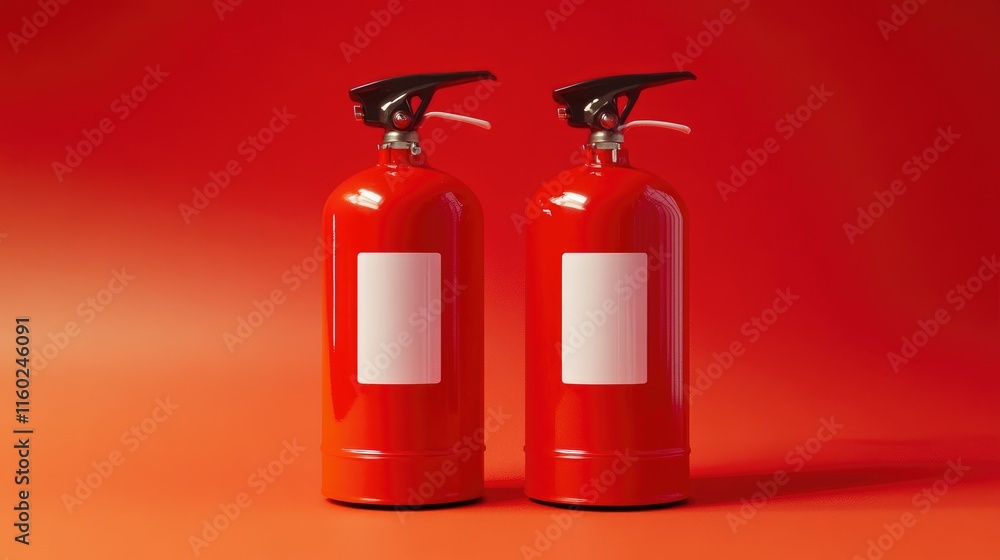 Obraz premium Two Vibrant Red Fire Extinguishers Against a Fiery Gradient Background Representing Fire Safety and Emergency Preparedness