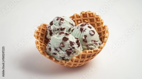 Mint chocolate chip ice cream scoops in a waffle cone bowl on a clean white background showcasing delicious dessert treat concept photo