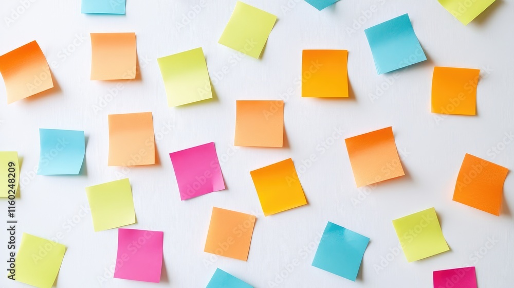 Colorful sticky notes on a white background symbolizing brainstorming and teamwork in problem-solving and project management activities Colorful sticky notes on a white background symbolizing brainstorming and teamwork in problem-solving and project management activities