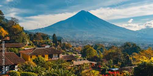 Scenic View of Volcano Agua with Traditional Village and Lush Greenery in Antigua Guatemala : Generative AI