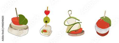 A set of mouth-watering skewer sticks and canapes illustrations, suitable for use on restaurant menus, catering posters, culinary blog designs, and even party invitations.