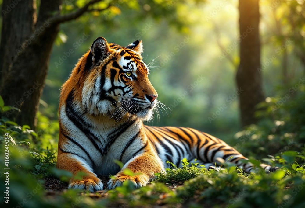 Majestic Tiger Resting in a Sunlit Forest
Majestic Tiger Resting in a Sunlit Forest