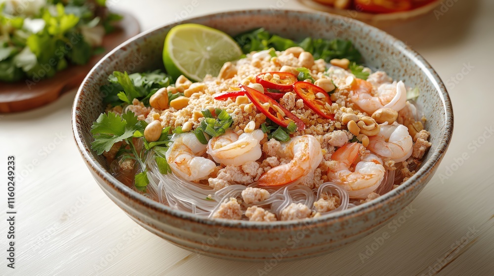 A vibrant bowl of shrimp salad with vermicelli, garnished with lime, chili, and herbs, showcasing a fresh and flavorful dish. A vibrant bowl of shrimp salad with vermicelli, garnished with lime, chili, and herbs, showcasing a fresh and flavorful dish.