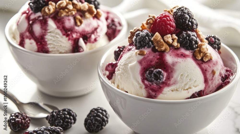 Bowl of frozen yogurt with fresh berries and nuts served with a spoon on a marble surface Bowl of frozen yogurt with fresh berries and nuts served with a spoon on a marble surface