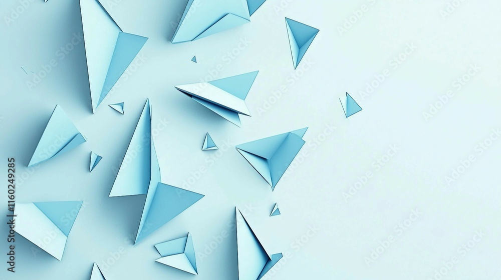 Abstract Background of Blue Paper Triangles on Light Surface Abstract Background of Blue Paper Triangles on Light Surface