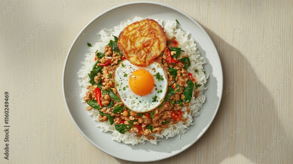 A vibrant plate of rice topped with a colorful vegetable mix, a fried egg, and garnished with herbs, showcasing a delicious and wholesome meal. A vibrant plate of rice topped with a colorful vegetable mix, a fried egg, and garnished with herbs, showcasing a delicious and wholesome meal.