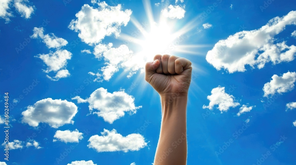 Symbol of empowerment and unity raised fist against a bright sunny sky representing hope and the pursuit of equality and justice Symbol of empowerment and unity raised fist against a bright sunny sky representing hope and the pursuit of equality and justice