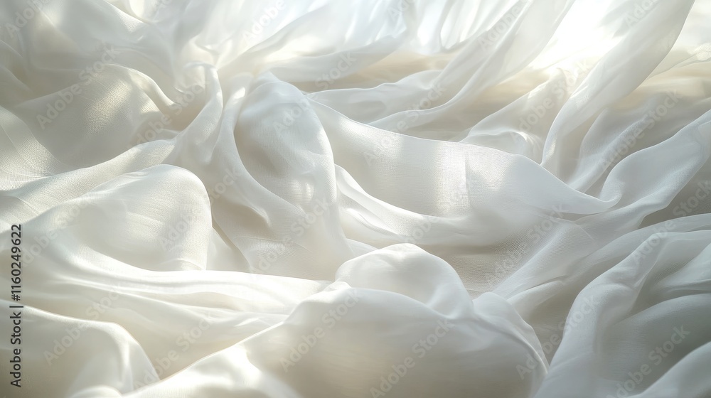 Fototapeta premium Gentle sunlight illuminating flowing sheer white fabric creating a calm and serene atmosphere for interior decor or design concepts