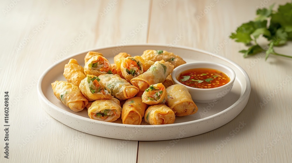 Crispy spring rolls served with a tangy dipping sauce, garnished with fresh cilantro, perfect for appetizers or snacks. Crispy spring rolls served with a tangy dipping sauce, garnished with fresh cilantro, perfect for appetizers or snacks.