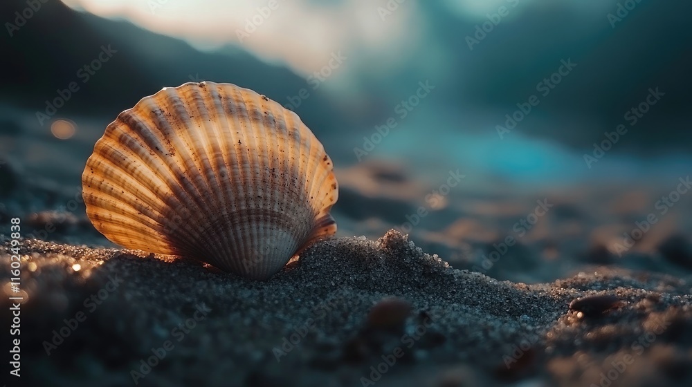 Seashell illuminated by sunlight resting on soft sand with a blurred beach background in a serene coastal setting Seashell illuminated by sunlight resting on soft sand with a blurred beach background in a serene coastal setting