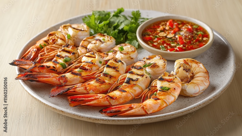 Grilled shrimp served with a spicy dipping sauce and fresh herbs, showcasing a delicious seafood dish. Grilled shrimp served with a spicy dipping sauce and fresh herbs, showcasing a delicious seafood dish.