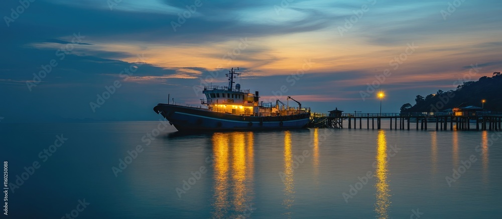 Fototapeta premium Cargo ship docked at pier in tranquil evening scene with calm waters and glowing reflections under a colorful sunset sky