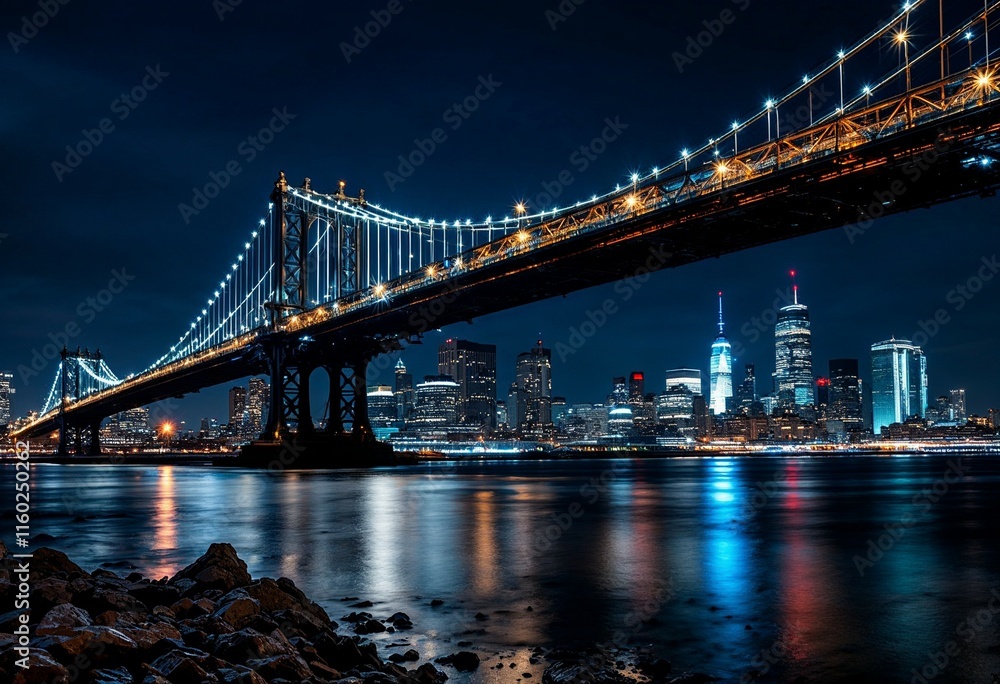 Fototapeta premium Illuminated Suspension Bridge Over City Skyline at Night 