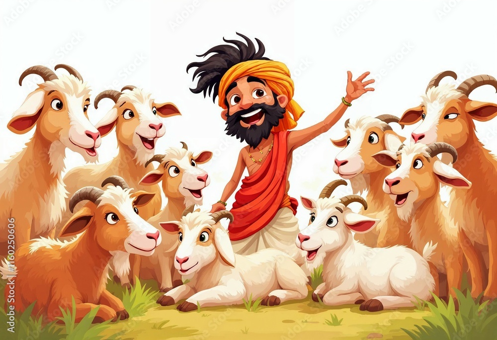 Obraz premium Happy Shepherd with a Herd of Goats in a Pastoral Scene 