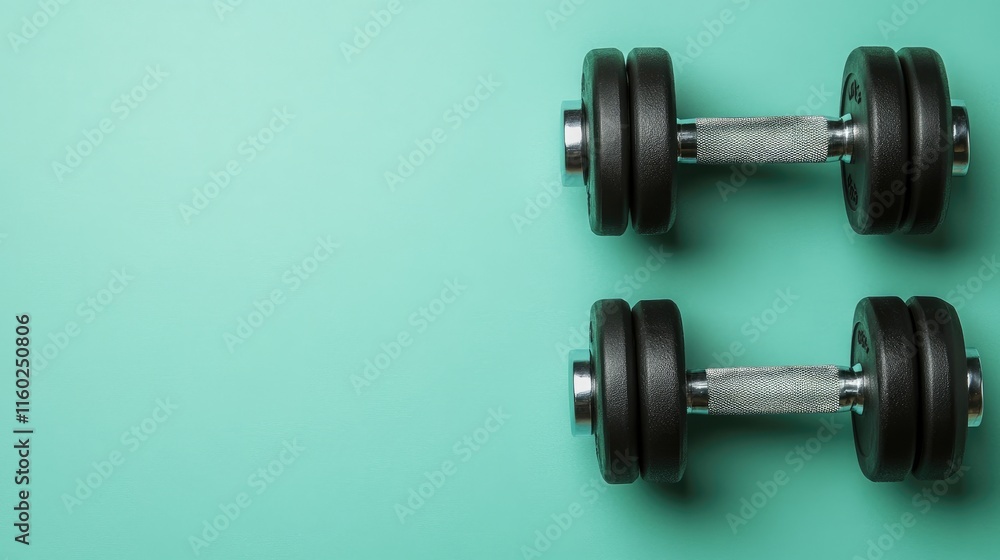 Top view of a black dumbbell on a vibrant green background showcasing fitness and exercise with ample negative space for design use Top view of a black dumbbell on a vibrant green background showcasing fitness and exercise with ample negative space for design use