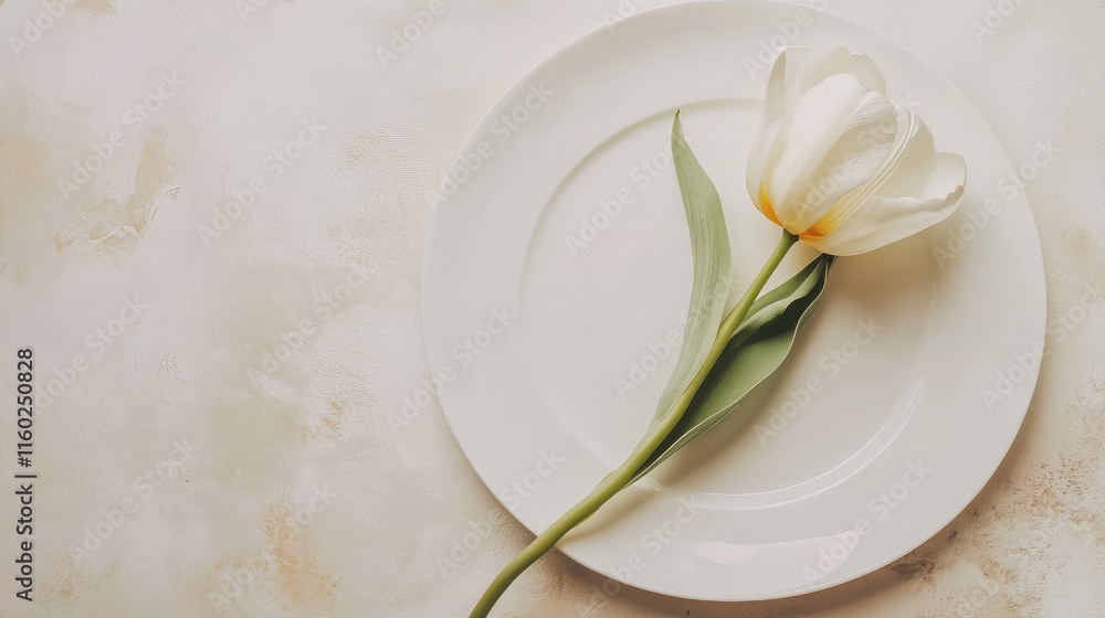 Elegant white tulip on white plate with green leaves on neutral tabletop background suitable for floral decoration and minimalistic design Elegant white tulip on white plate with green leaves on neutral tabletop background suitable for floral decoration and minimalistic design